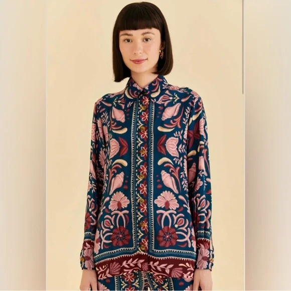 Farm Rio Shell Tapestry Button Down - Picture 1 of 6